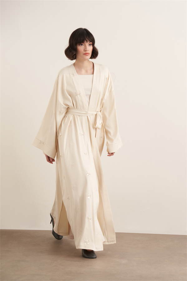 Farasha Boncuk İşlemeli Uzun Kimono Ekru