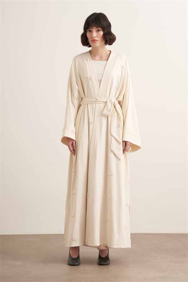 Farasha Boncuk İşlemeli Uzun Kimono Ekru