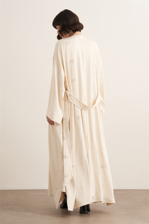 Farasha Boncuk İşlemeli Uzun Kimono Ekru
