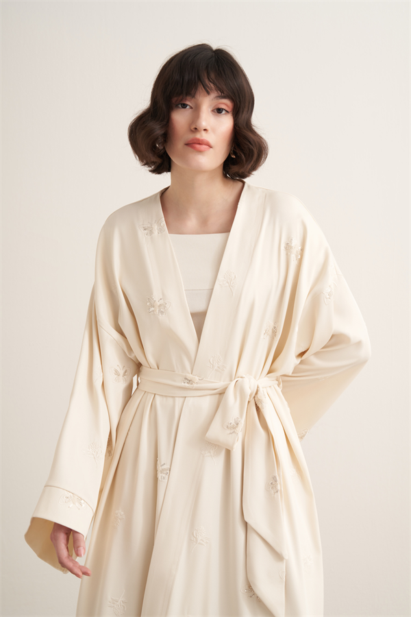 Farasha Boncuk İşlemeli Uzun Kimono Ekru