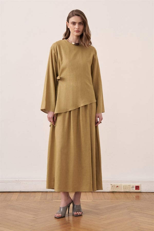 Faye Keten İkili Elbise Takımı Olive