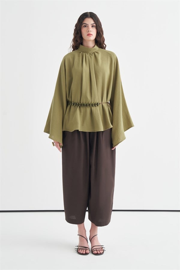 Helena Dik Yaka Müslin Bluz Olive
