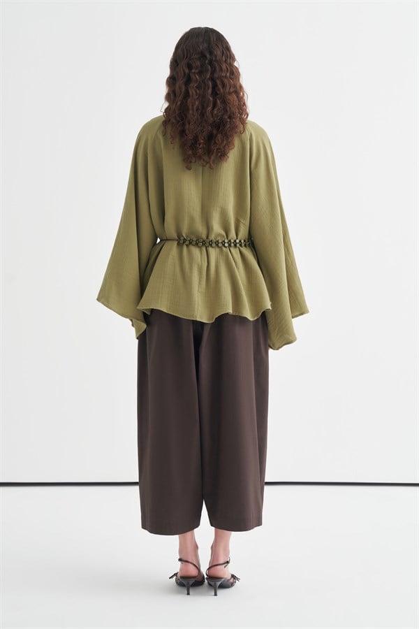 Helena Dik Yaka Müslin Bluz Olive