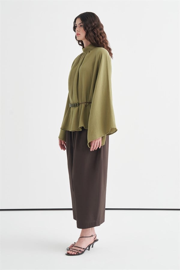 Helena Dik Yaka Müslin Bluz Olive