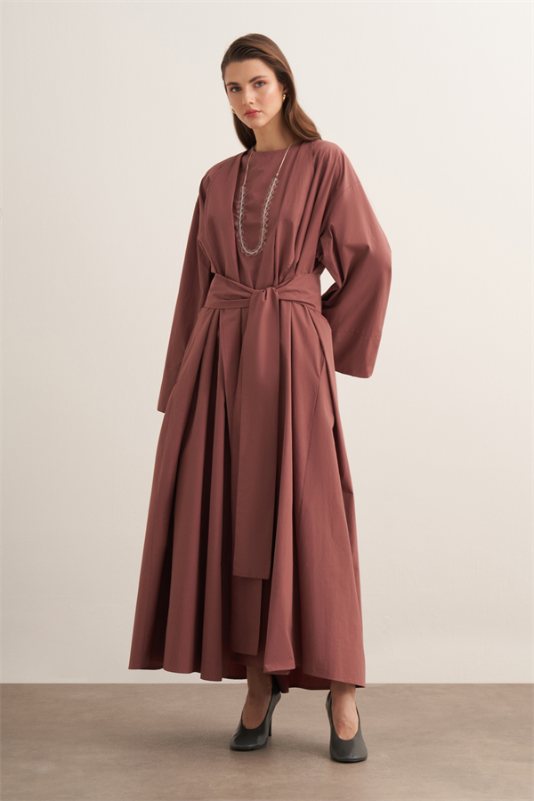 Inessa Premium Uzun Kimono Takımı Kızıl Kahve