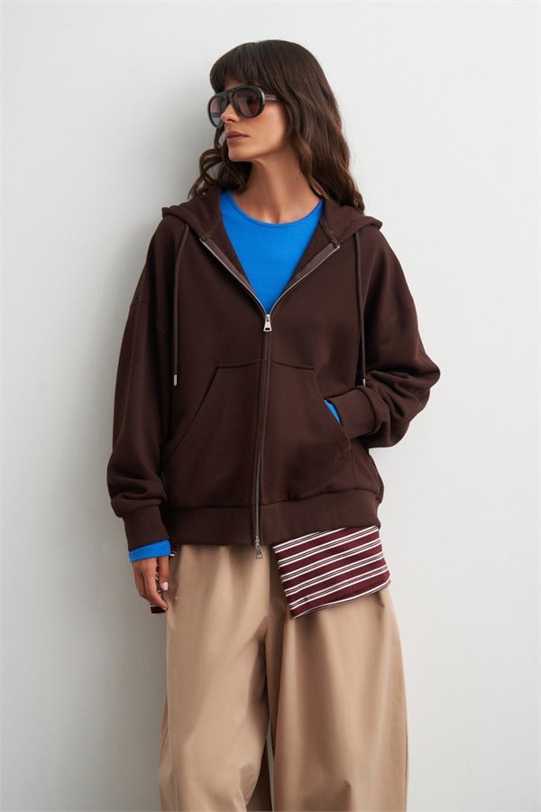 Judy Fermuarlı Kapüşonlu Sweatshirt Acı Kahve