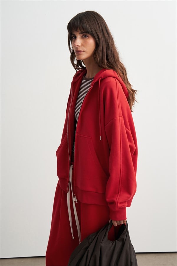 Judy Fermuarlı Kapüşonlu Sweatshirt Kırmızı
