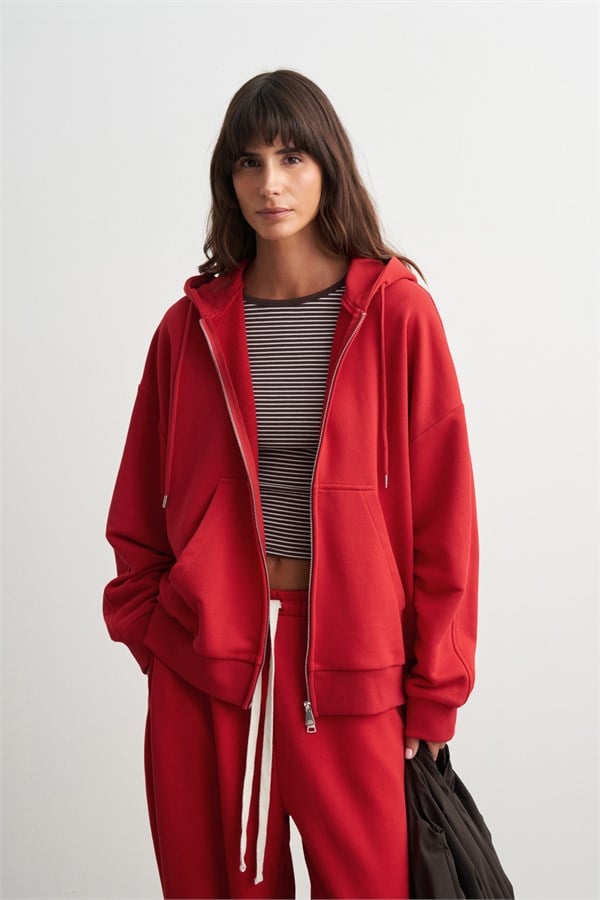 Judy Fermuarlı Kapüşonlu Sweatshirt Kırmızı