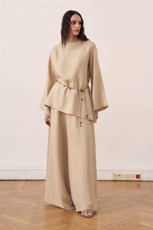 The Keisy Belted Linen Blouse Wheat Color