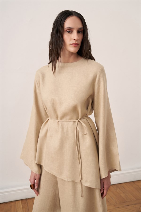 The Keisy Belted Linen Blouse Wheat Color