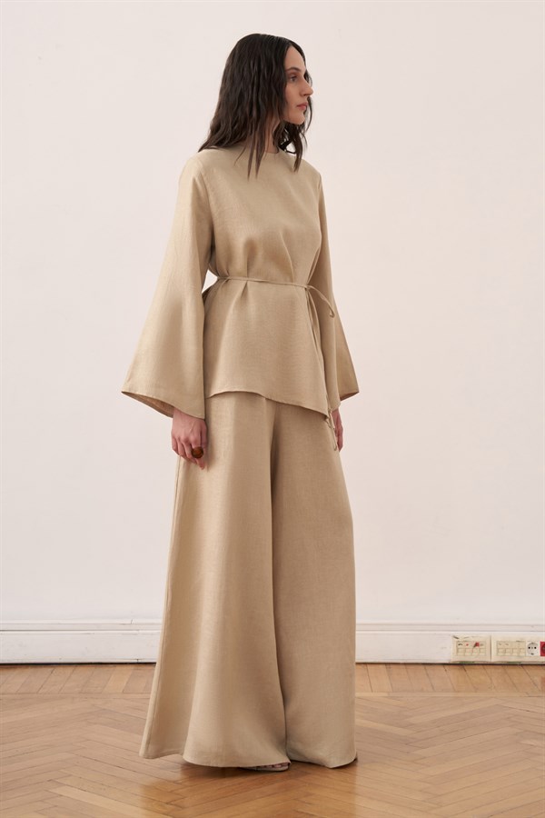 The Keisy Belted Linen Blouse Wheat Color