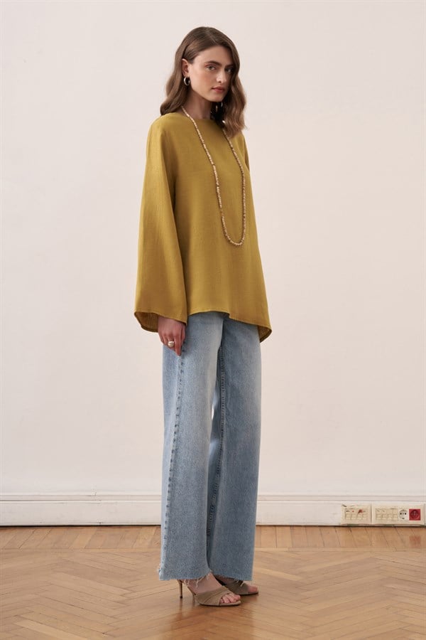 Keisy Kuşaklı Keten Bluz Olive
