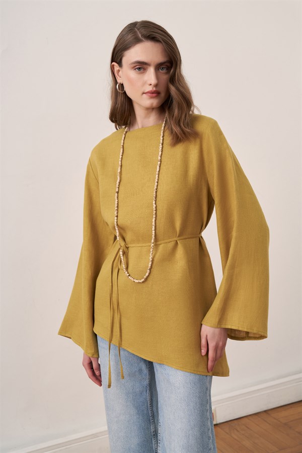 Keisy Kuşaklı Keten Bluz Olive