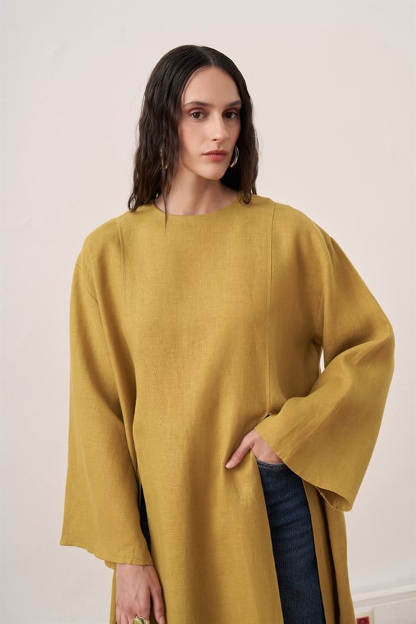 Kheesa Yırtmaç Detaylı Keten Bluz Olive