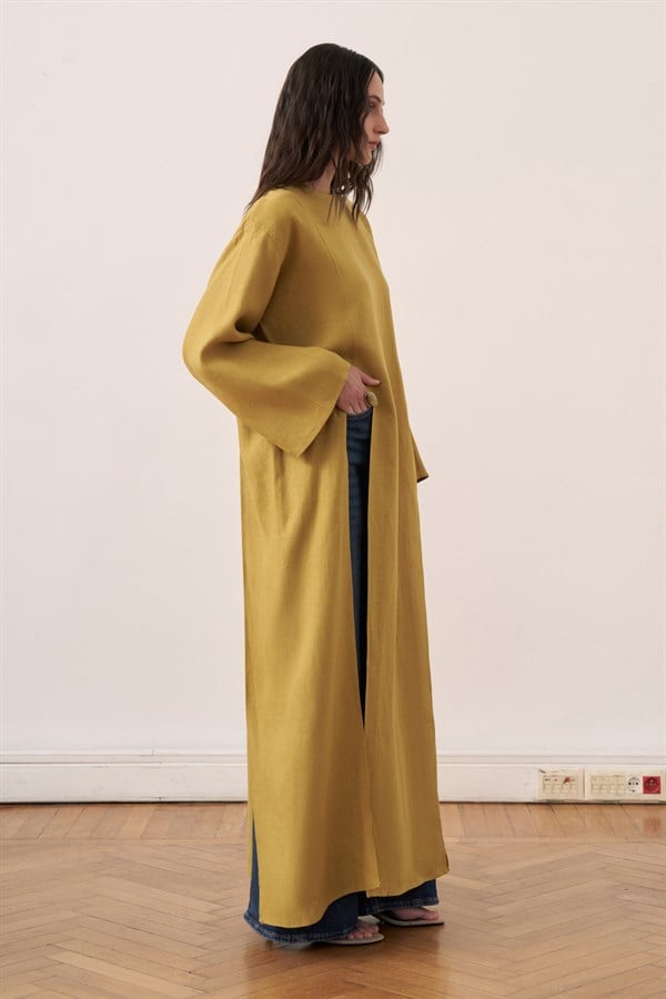 Kheesa Yırtmaç Detaylı Keten Bluz Olive