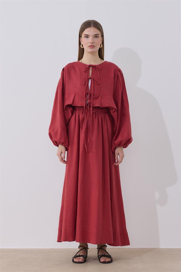 Kırmızı %100 Keten Day Kloş Etek
