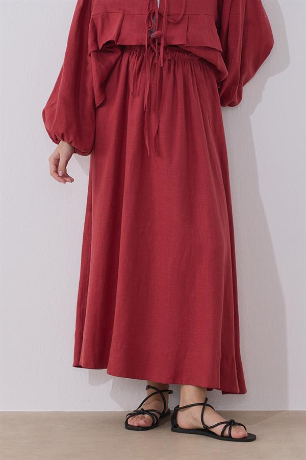 Kırmızı %100 Keten Day Kloş Etek