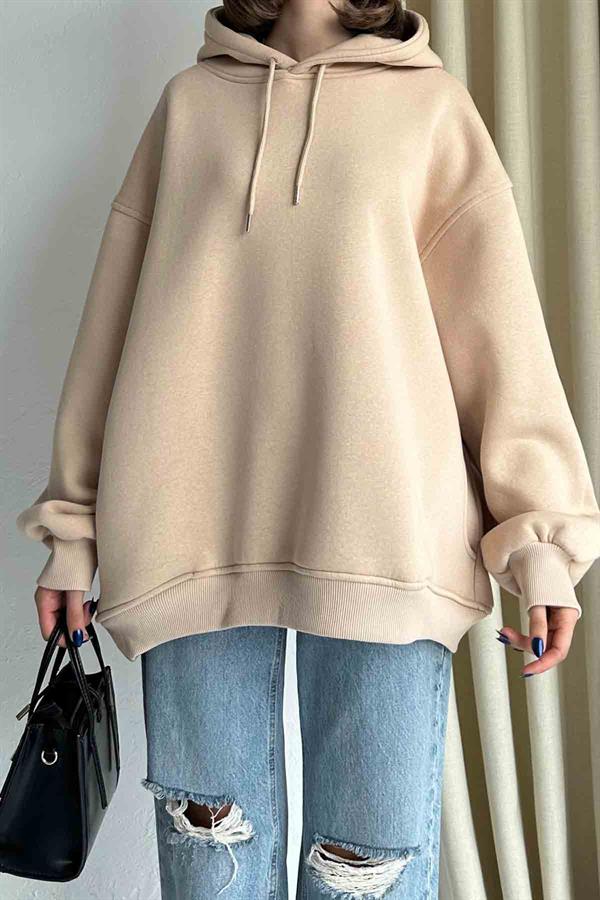 Kolu Pile Detaylı Kapüşonlu Bej Sweatshirt