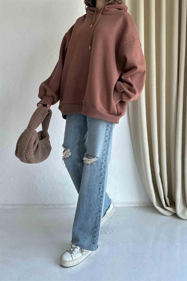 Kolu Pile Detaylı Kapüşonlu Kahve Sweatshirt