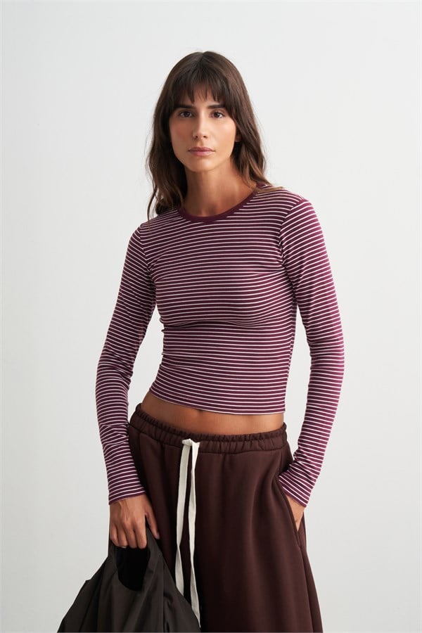 Lane Çizgili Uzun Kol Body Mürdüm