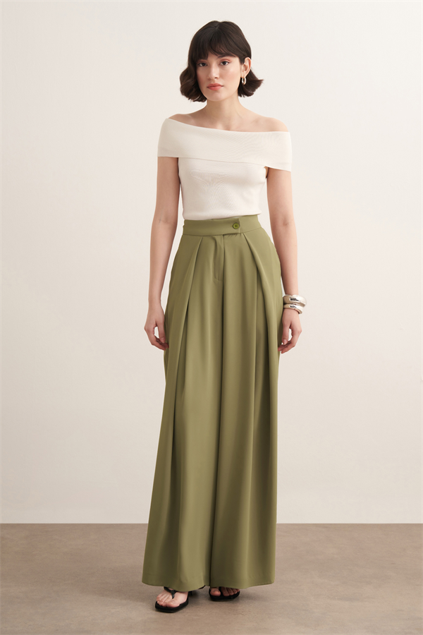 Leona Volanlı Geniş Paça Pantolon Olive