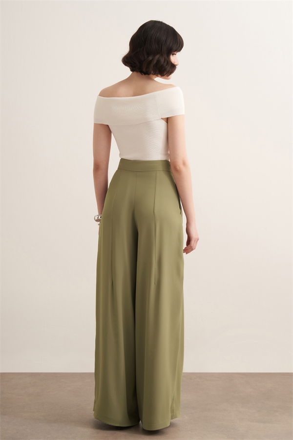 Leona Volanlı Geniş Paça Pantolon Olive
