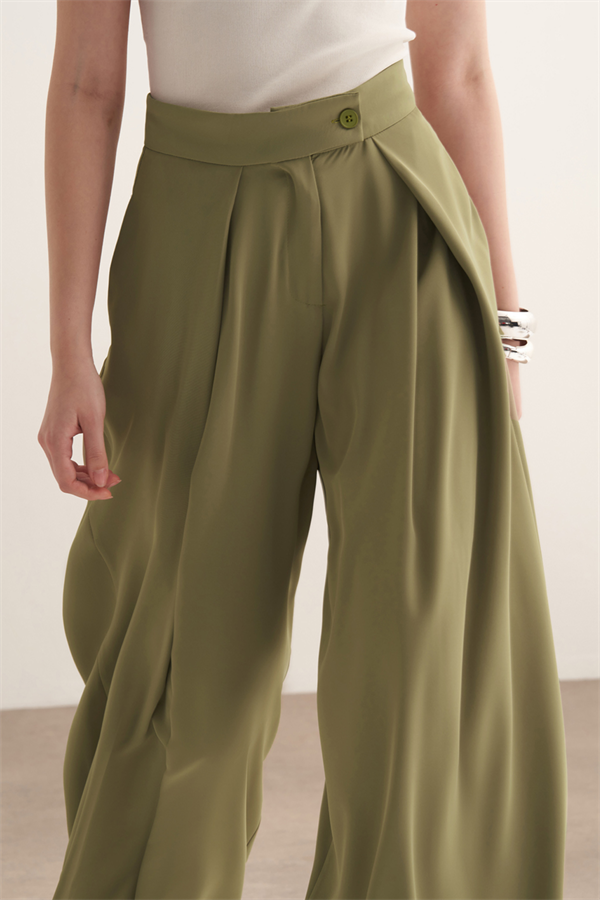 Leona Volanlı Geniş Paça Pantolon Olive