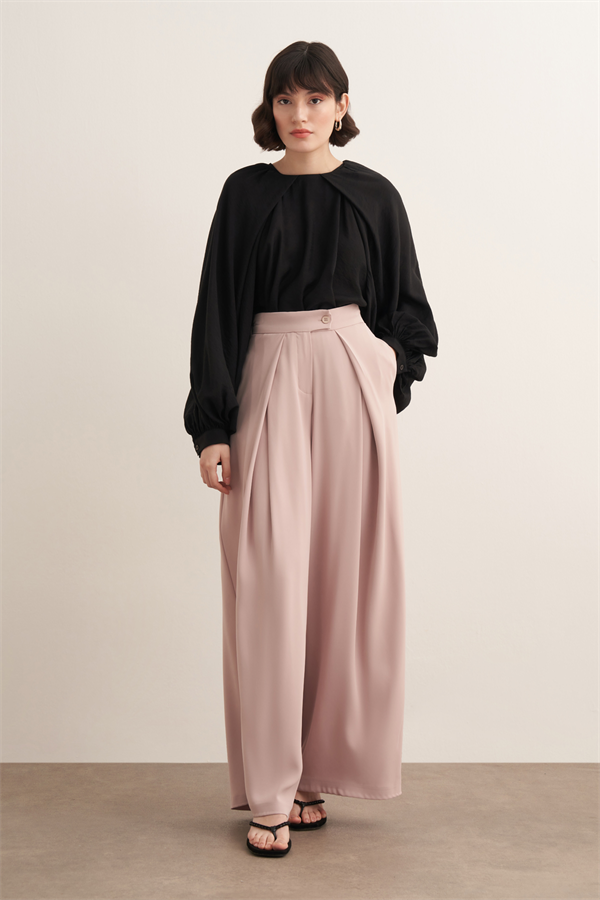 Leona Volanlı Geniş Paça Pantolon Bej