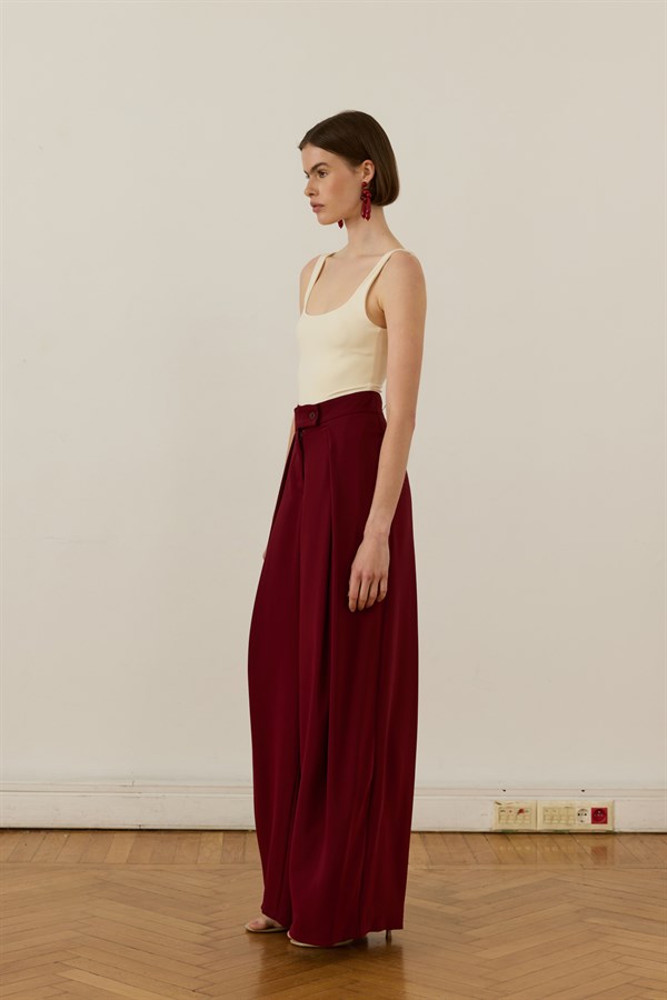 Leona Ruffled Wide-Leg Pants Maroon