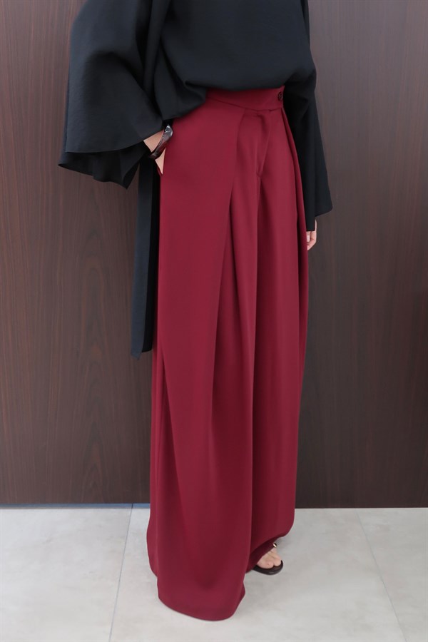 Leona Volanlı Geniş Paça Pantolon Bordo