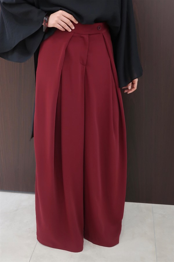 Leona Volanlı Geniş Paça Pantolon Bordo