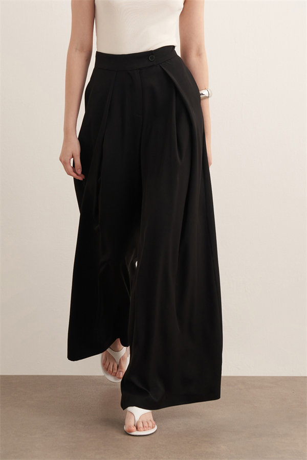 Leona Volanlı Geniş Paça Pantolon Siyah
