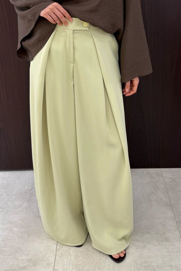 Leona Volanlı Geniş Paça Pantolon Soft Yeşil