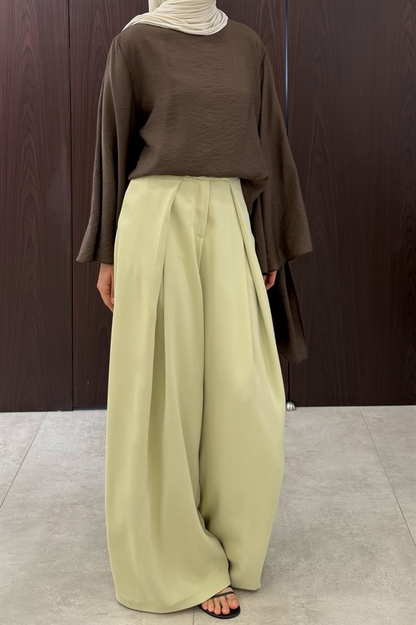 Leona Volanlı Geniş Paça Pantolon Soft Yeşil