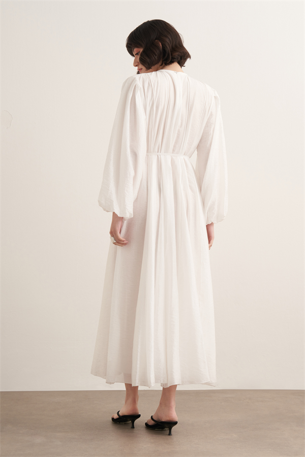 Monroe Nervür Dikişli Uzun Elbise Beyaz