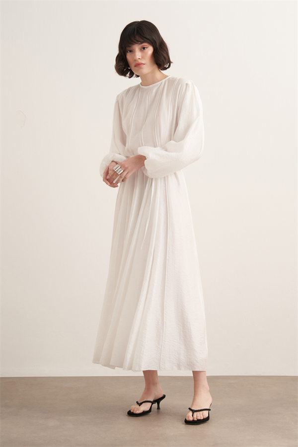 Monroe Nervür Dikişli Uzun Elbise Beyaz