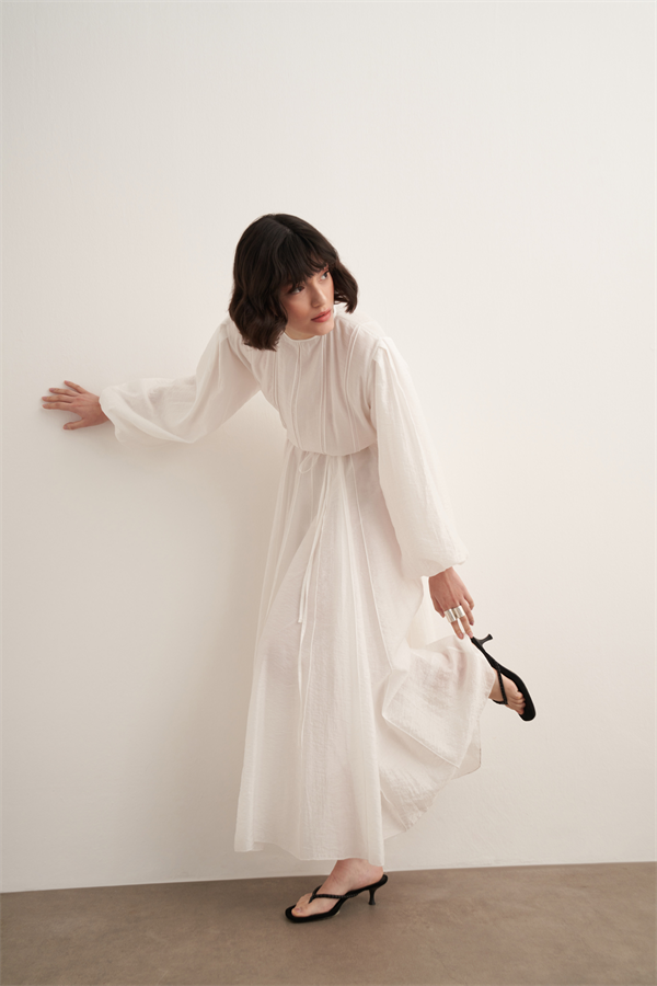 Monroe Nervür Dikişli Uzun Elbise Beyaz