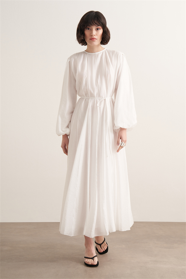 Monroe Nervür Dikişli Uzun Elbise Beyaz