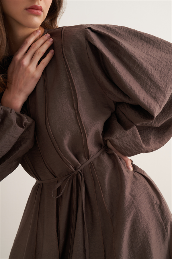 Monroe Nervür Dikişli Uzun Elbise Kahve