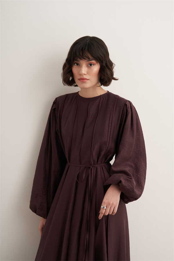 Monroe Nervür Dikişli Uzun Elbise Mürdüm