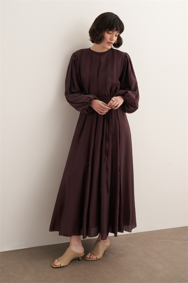 Monroe Nervür Dikişli Uzun Elbise Mürdüm