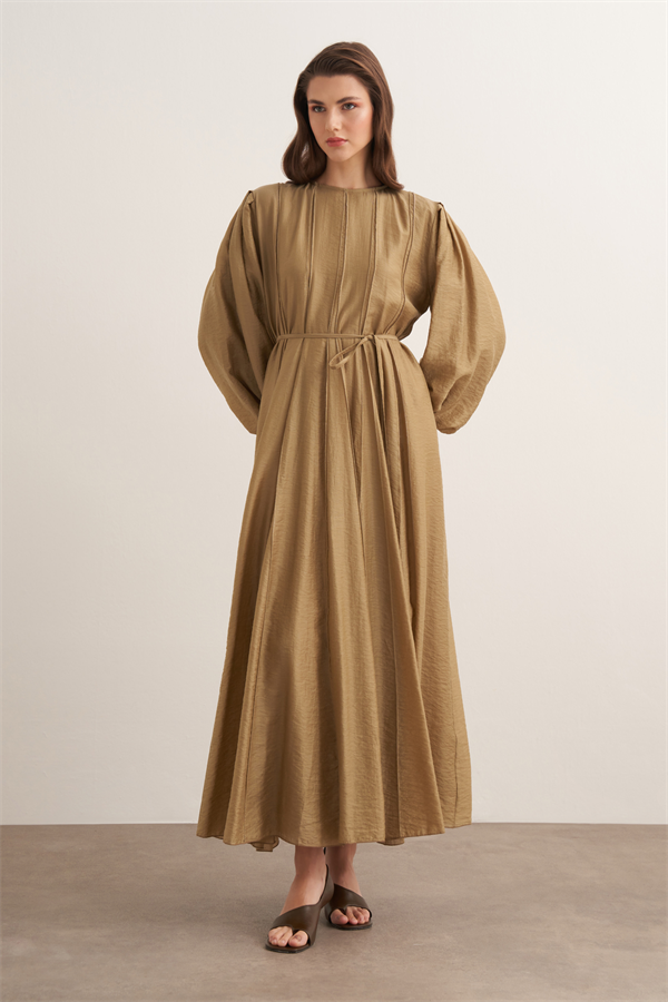 Monroe Nervür Dikişli Uzun Elbise Olive