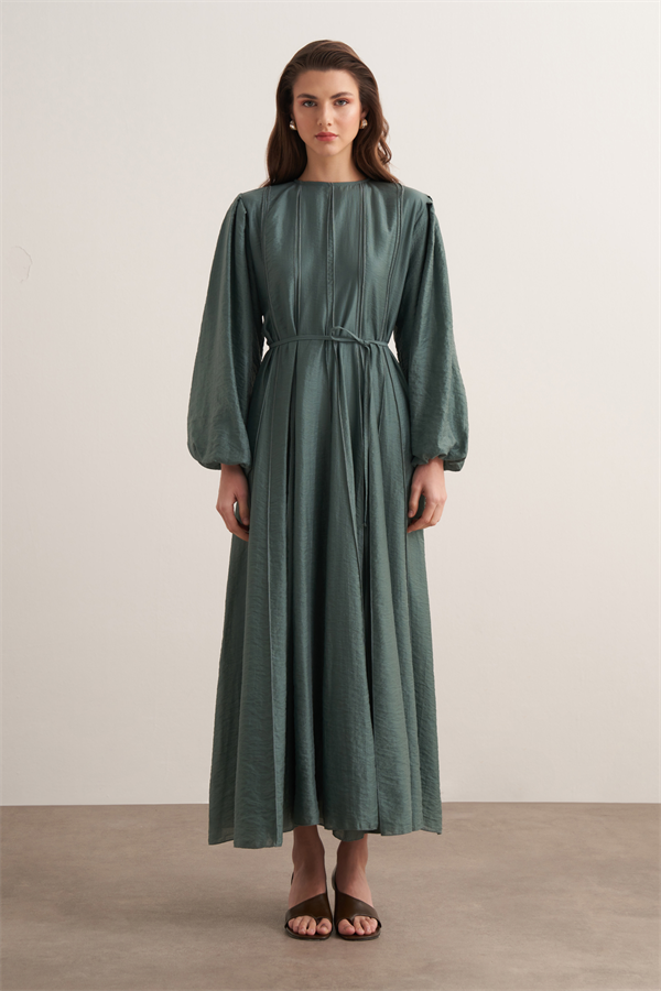 Monroe Nervür Dikişli Uzun Elbise Petrol