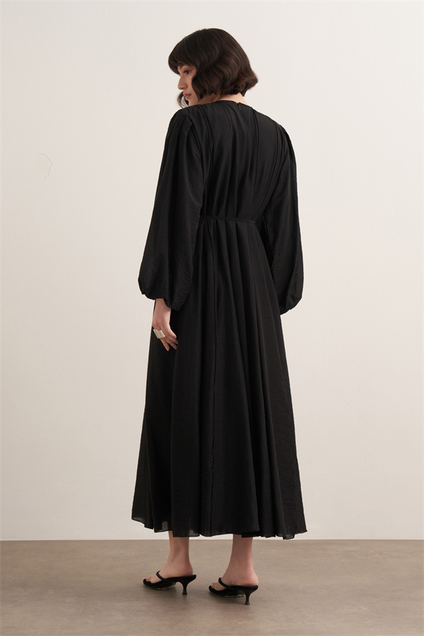 Monroe Nervür Dikişli Uzun Elbise Siyah