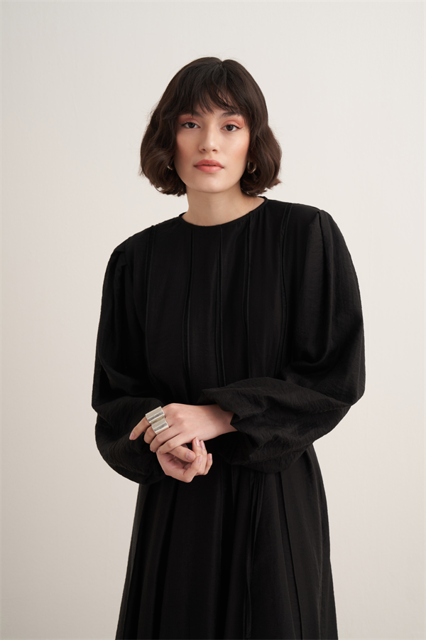 Monroe Nervür Dikişli Uzun Elbise Siyah