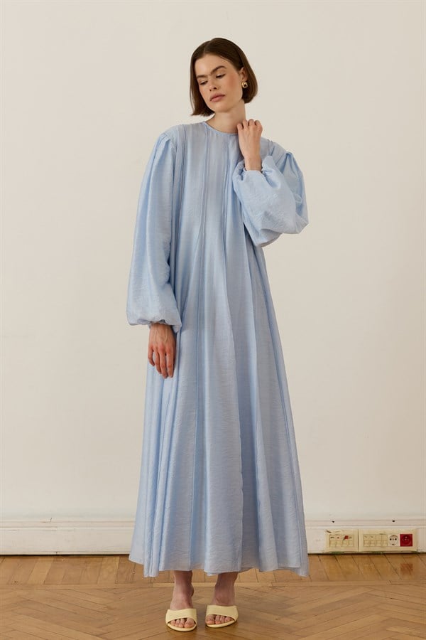 Monroe Nervür Dikişli Uzun Elbise Mavi