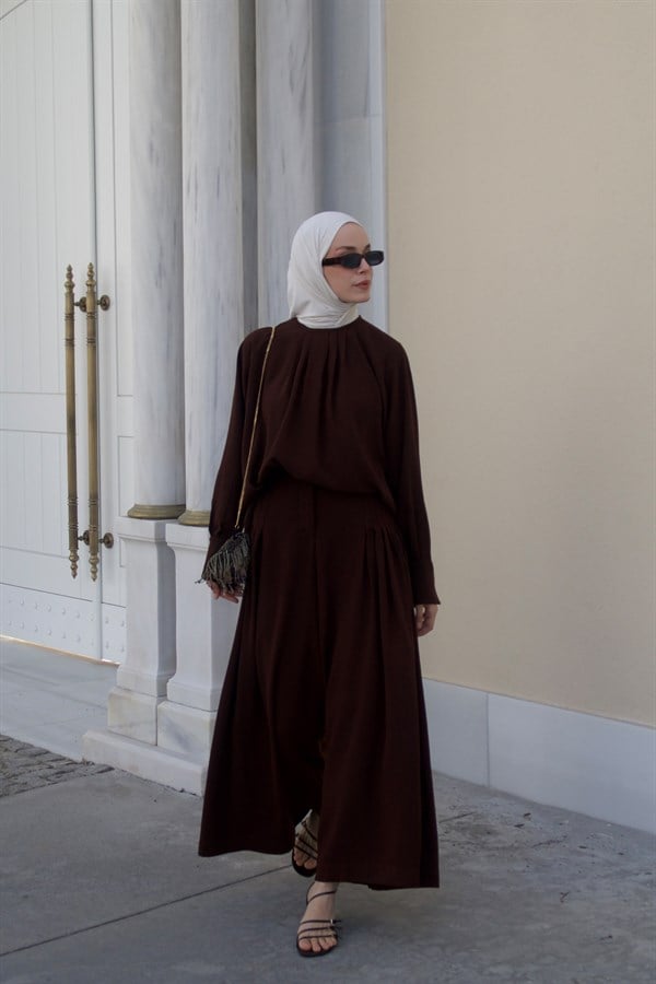 Nezha Pile Detay Pantolonlu Takım Acı Kahve