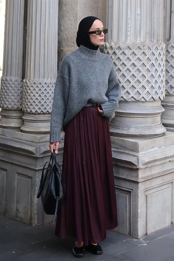 Olesya Saten Etek Bordo