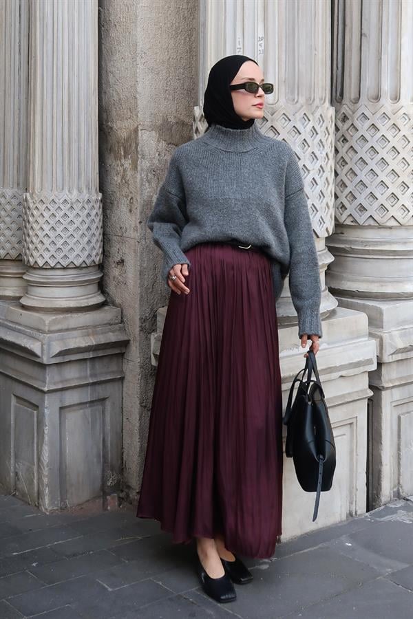 Olesya Saten Etek Bordo