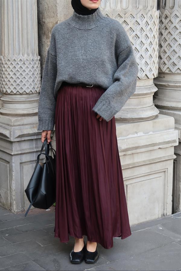 Olesya Saten Etek Bordo